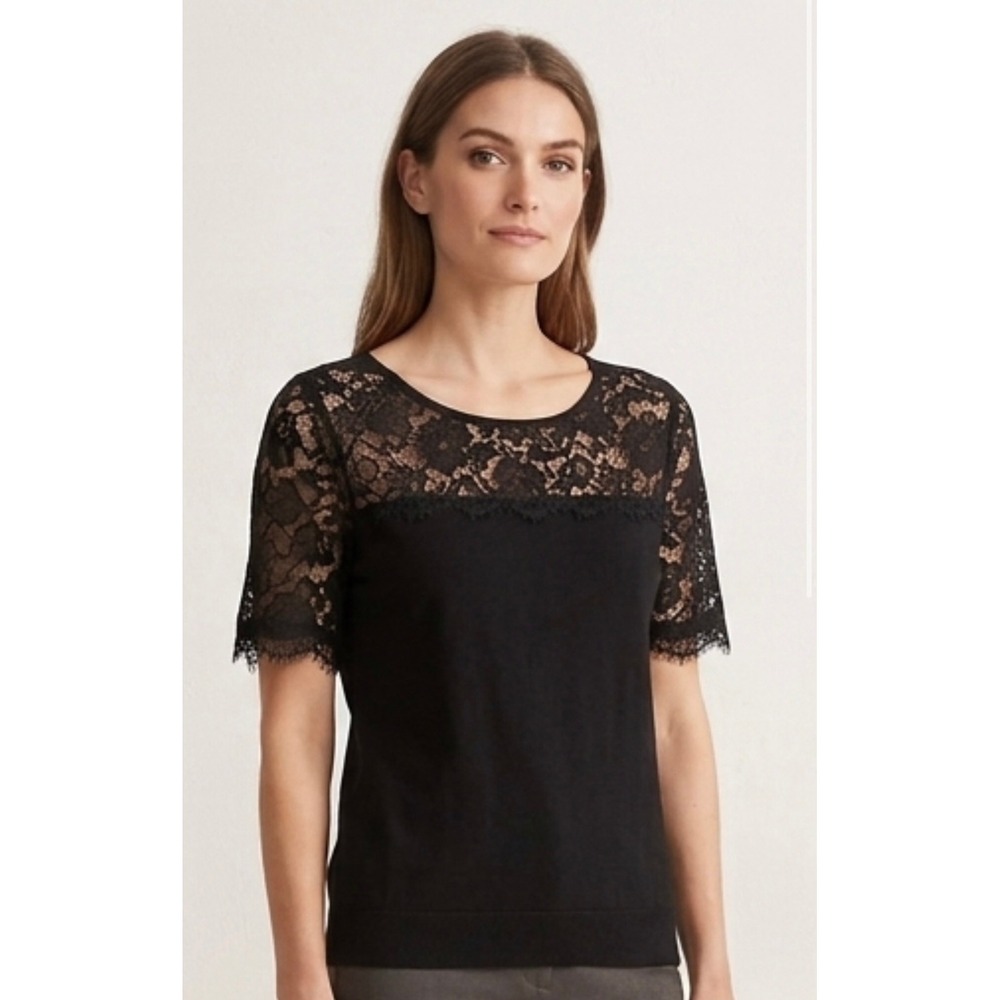 LOFT Knit Top Women Small Black Lace Yoke Eyelash Trim Short Sleeve Zipper‎ Back